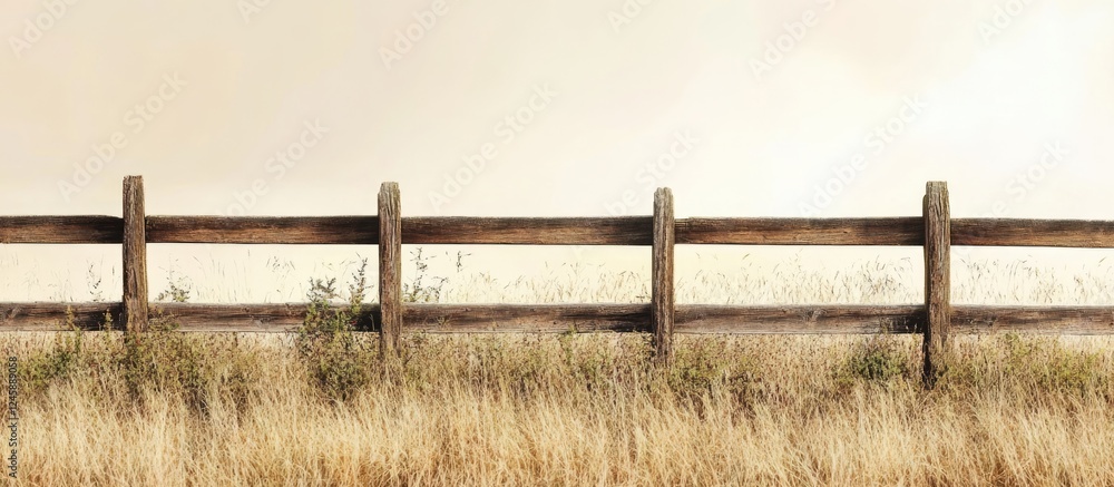 Poster abandoned wooden fence along overgrown field with beige background and ample empty space for text or