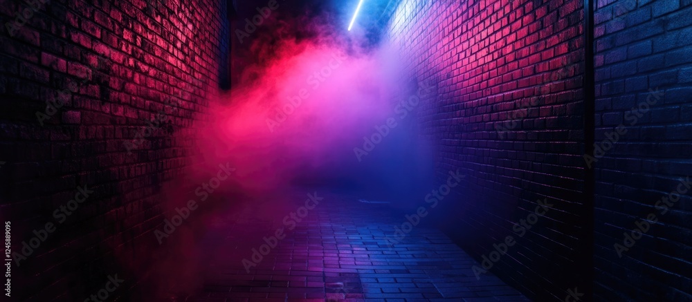 Aufkleber misty fog in a dark alley illuminated by neon lights in a retro sci-fi color palette with a brick wa