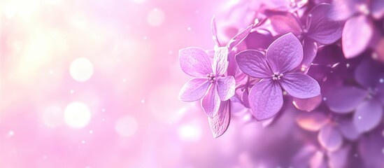 Closeup of delicate lilac hydrangea flowers with a soft pink bokeh background creating a serene floral atmosphere.