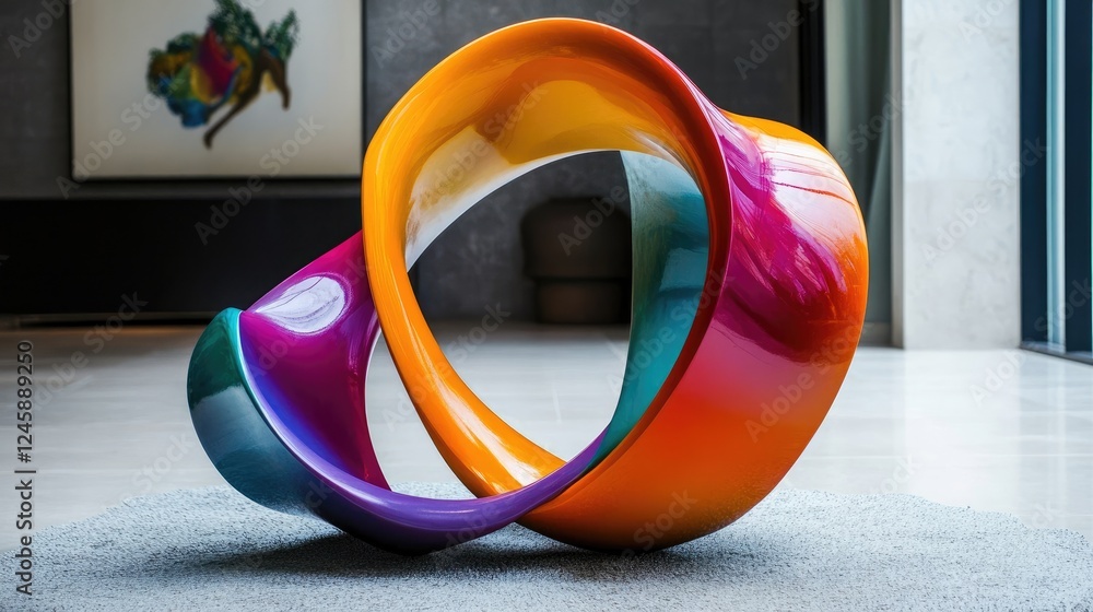 Poster A striking abstract sculpture in vivid hues, forming an infinite loop, creating an artistic and modern display in a contemporary setting with bold visual appeal.