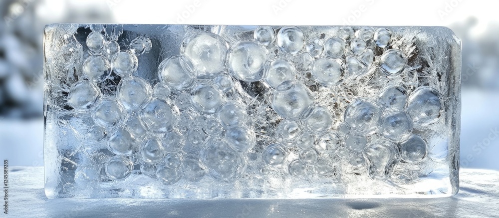 Aufkleber textured block of crystal clear ice with trapped air bubbles contrasting against a blurred snowy bac