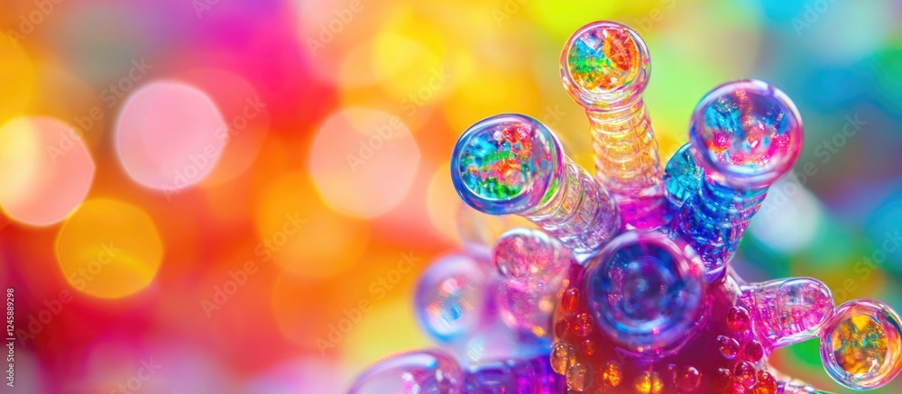 Poster colorful abstract macro photograph of a toy with vivid bokeh background emphasizing shapes and refle