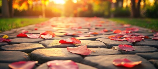 Autumn leaves scattered on stone pavers in a serene park during sunset creating a warm and tranquil atmosphere.