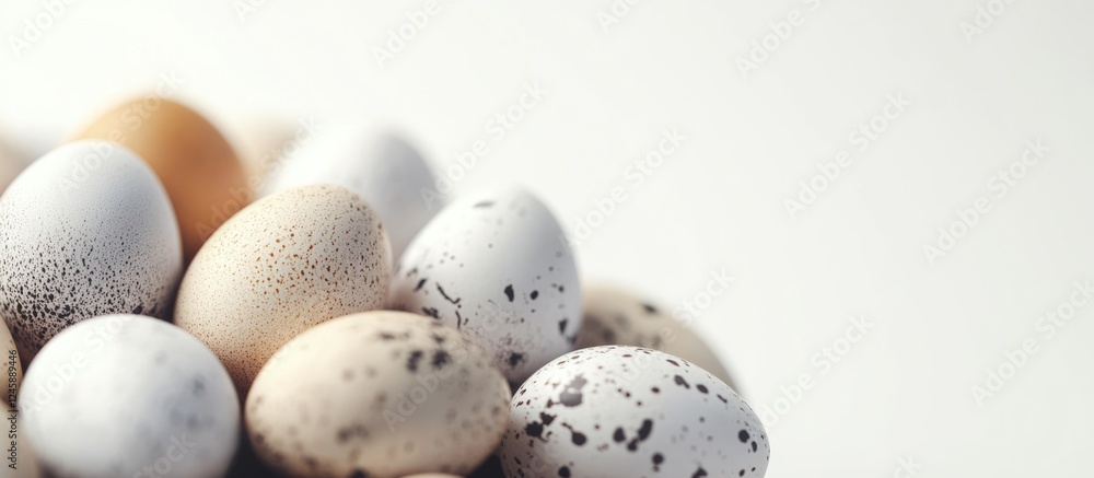 Poster macro shot of assorted quail and chicken eggs highlighting smooth and textured surfaces on a white b