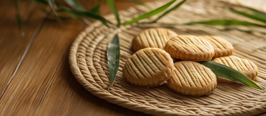 Bamboo themed arrangement of freshly baked biscuit cookies arranged on a woven platter with natural green leaves