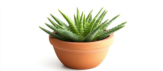 Fototapeta premium Aloe Vera plant in a terracotta pot against a clean white background showcasing vibrant green leaves and modern design.