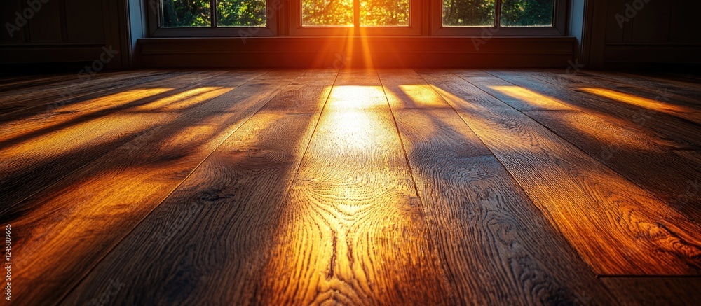 Poster warm sunlight casting shadows on a rustic wooden floor creating a serene and inviting atmosphere in 