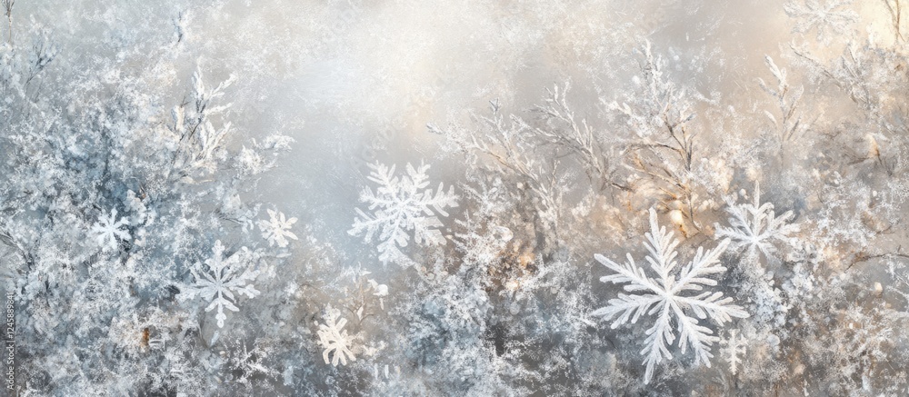 Poster winter window with intricate frosty patterns displaying beautiful snowflake designs under soft light