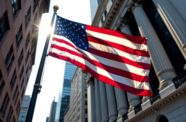 US flag in downtown against the backdrop of buildings in America.