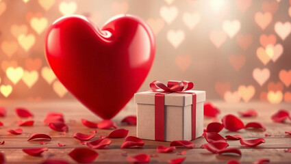 Valentine's day background. with large red heart, gift box, red rose petals on wooden surface. floating heart bokeh, soft warm lighting, love concept, holiday celebration.