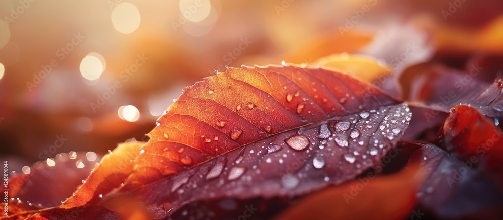 Poster colorful autumn leaves adorned with raindrops creating a warm and inviting background with soft ligh