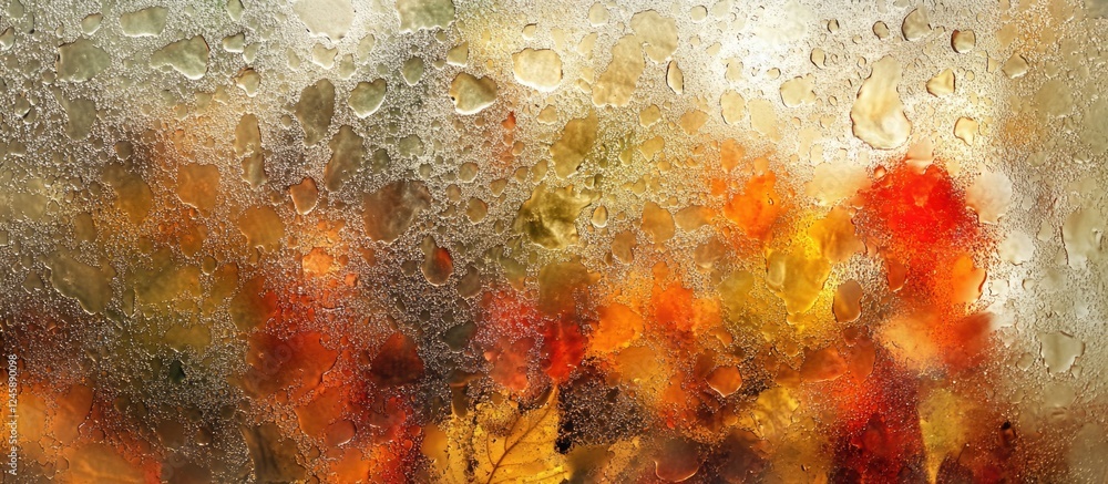 Poster autumn leaves viewed through a wet glass window with water droplets creating a textured and dreamy b