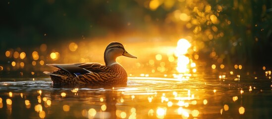 Wild duck gliding on shimmering water at sunset creating a golden reflection in a tranquil natural setting