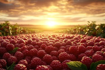 Sunset Over a Lush Raspberry Field - Ideal for Nature Prints and Agricultural Themes