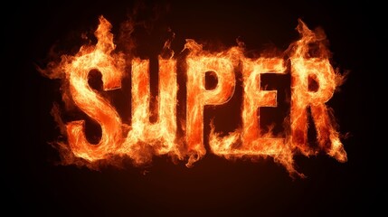 Fiery text depicting the word super in vibrant flames against a dark backdrop creates an intense visual impact, resonating with power and energy