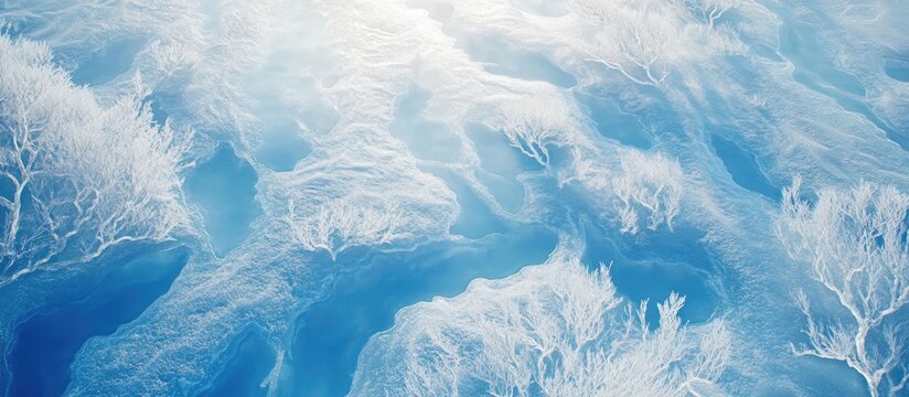 Stunning aerial view of a frozen river delta showcasing intricate icy patterns in a serene winter landscape