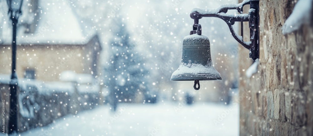 Poster snowy school bell in a stronghold with falling snowflakes and empty space for text creating a serene