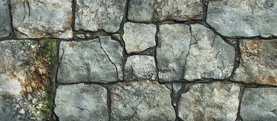 Obraz premium Grey textured background of aged paving stones with moss and weathered surfaces perfect for vintage or historical themes.