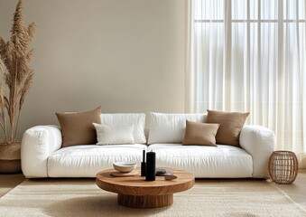 Scandinavian Style Cozy Living Room with White Sofa and Sunlight