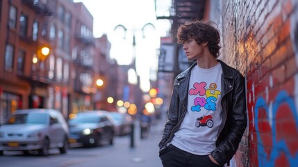 Young Man in Leather Jacket Leaning Against Brick Wall in Urban Setting at Night