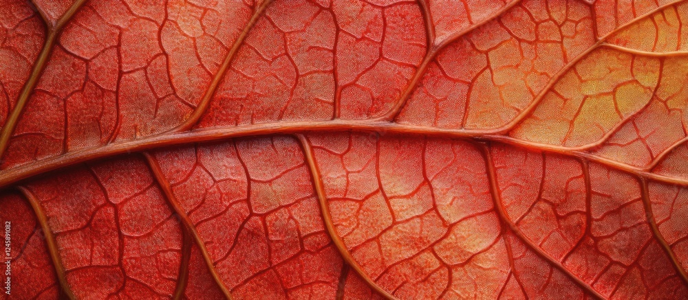 Poster autumn leaf close-up with vibrant red and orange hues showcasing intricate textures and patterns in 
