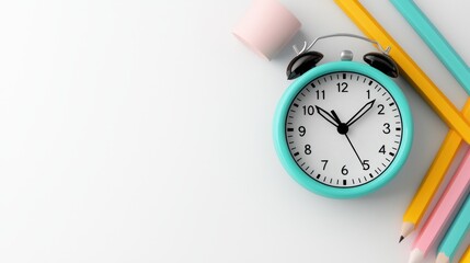 Teal Alarm Clock with Pastel Pencils on White Background