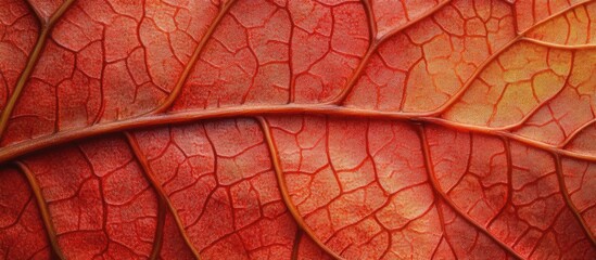 Fototapeta premium Autumn leaf close-up with vibrant red and orange hues showcasing intricate textures and patterns in high dynamic range lighting.