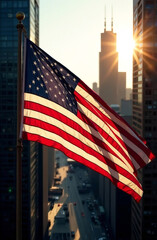 US flag in downtown against the backdrop of buildings in America.