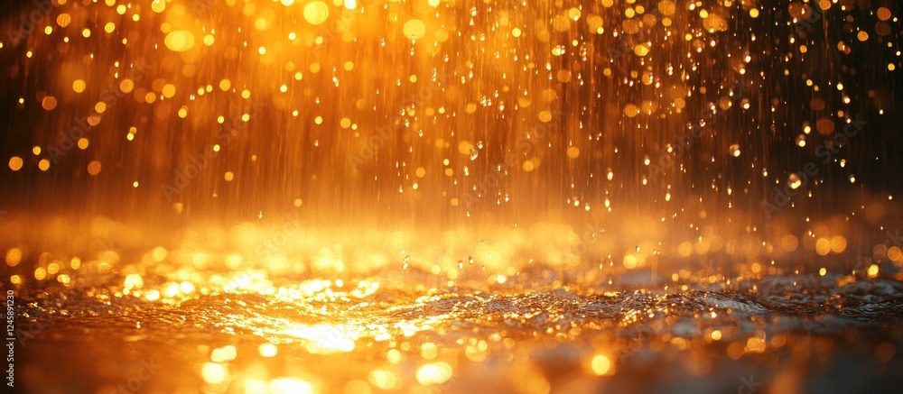 Aufkleber golden water droplets in motion creating abstract patterns against a blurred orange background under