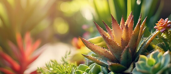 Obraz premium Vibrant Aloe hybrid succulent in a lush garden setting showcasing diverse colors and textures under natural sunlight
