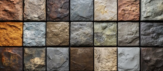 Textured aged stone wall with a variety of rough, stained blocks in diverse natural colors and patterns creating an organic visual effect