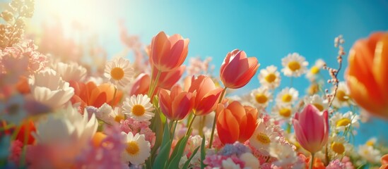 Obraz premium Vibrant spring flower field with colorful tulips and daisies under a bright blue sky showcasing nature's beauty and freshness.