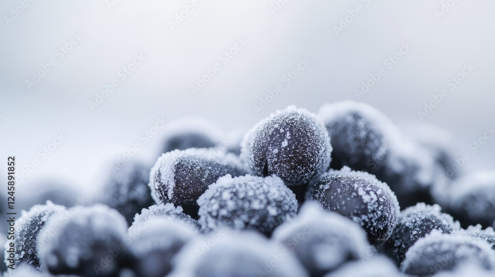 Poster frosted arabica coffee beans in selective focus with blurred background creating ample copyspace for