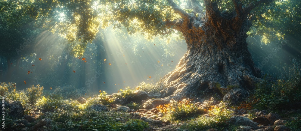 Poster majestic tree trunk illuminated by sunlight in a serene wilderness setting with lush greenery and so