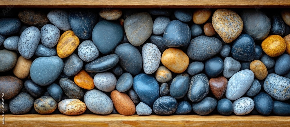 Poster wooden frame filled with light and dark sea pebbles overhead view empty space for text serene and vi