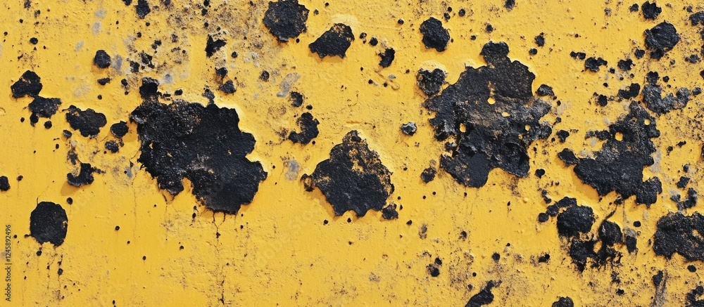 Poster textured dark yellow concrete wall with black spots creating a worn abstract background ideal for ar