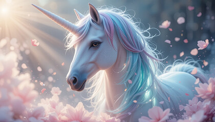 Obraz premium majestic unicorn with flowing mane of pastel colors stands amidst blooming flowers, illuminated by soft sunlight. enchanting scene evokes sense of wonder and magic