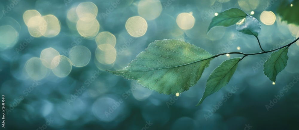 Poster abstract green leaf with out of focus lights creating a serene natural background in shades of green