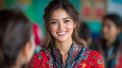 Smiling Woman with Floral Top and Detailed Hairstyle in a Busy Setting
