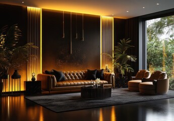 Stylish Modern Luxury Living Room with Dark Tones and Metallic Accents