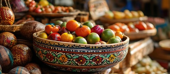 Fototapeta premium Vibrant handmade wooden basket filled with colorful fruits displayed on a market stall showcasing traditional crafts in Pune