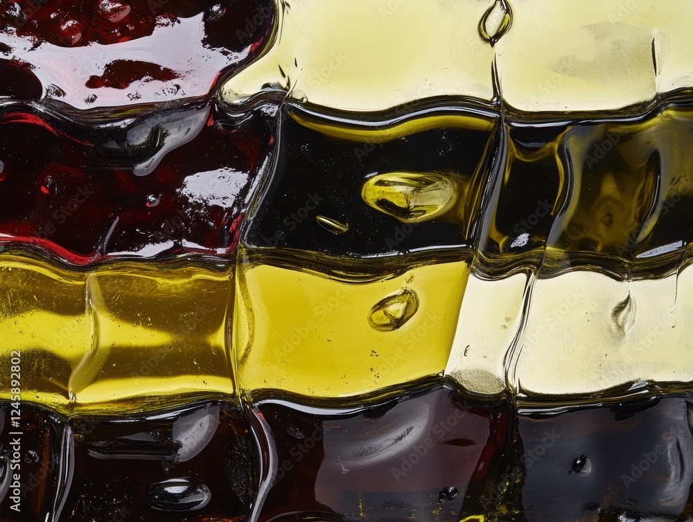 Poster texture of different olive oils: macro photography of different types of oils with emphasis on their