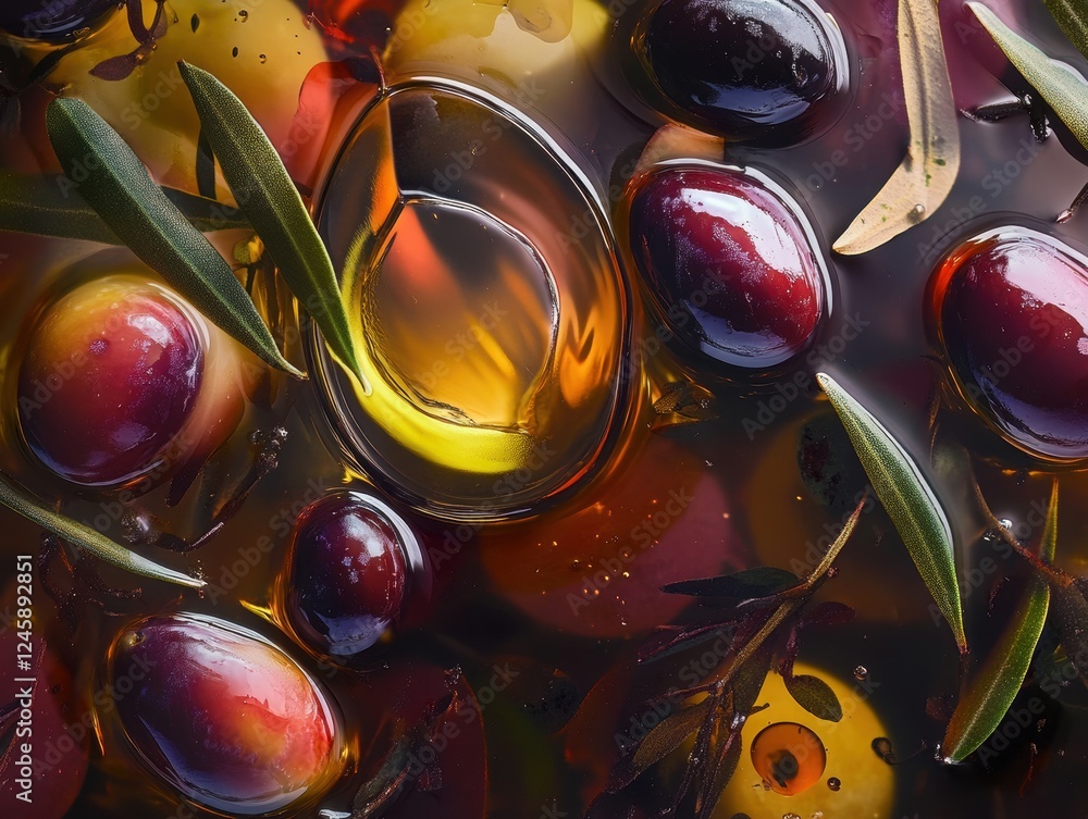 Poster texture of different olive oils: macro photography of different types of oils with emphasis on their