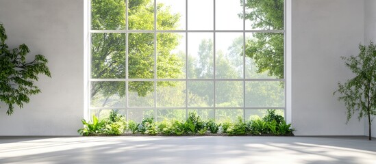 Elegant Bedroom Interior Featuring Expansive Window Overlooking Lush Greenery with Ample Copy Space for Text or Design Elements