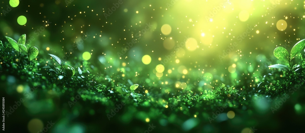 Poster glowing green bokeh circles abstract background with shimmering lights and textures for creative des