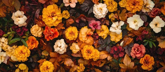 Vibrant autumn garden display featuring colorful marigolds and begonias in shades of yellow, orange, pink, red, and white.