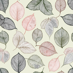a seamless pattern of various dried leaves in different shapes and colors, including shades of green, pink, and gray, on a light green background.