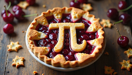 Delicious cherry pie decorated with the Pi symbol on a rustic wooden table, sweet Pi Day celebration