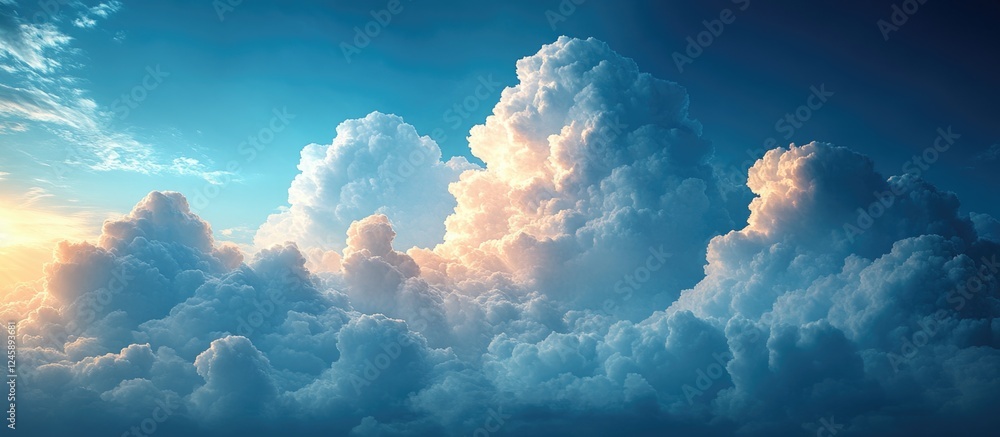 Poster serene blue sky background with fluffy white clouds illuminated by sunlight creating a tranquil and 