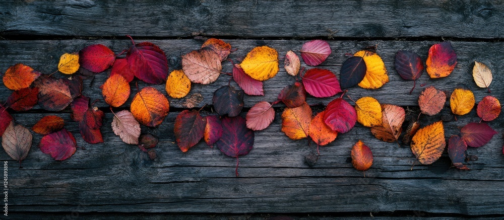 Poster autumn leaves scattered on a rustic wooden surface with a blank space for personalized text or messa